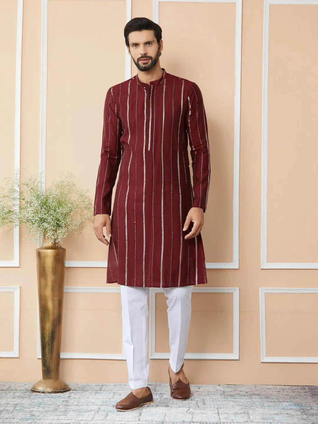Fabmade Maroon Sequins Embroidered Pure Chanderi Silk Straight Kurta Pyjama - Distacart