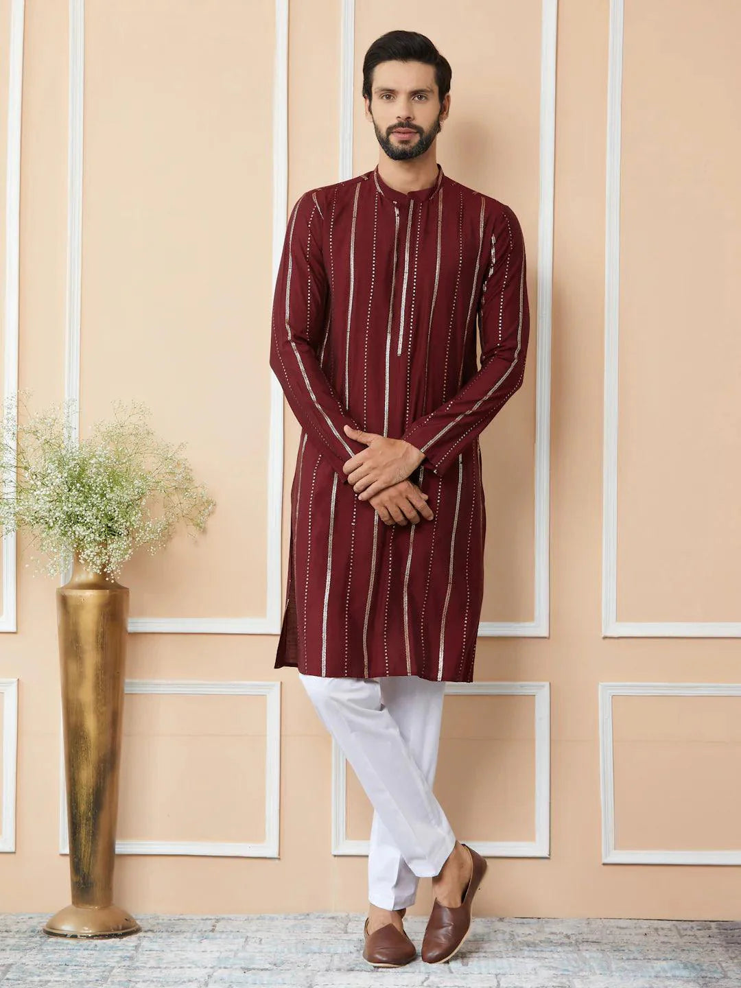Fabmade Maroon Sequins Embroidered Pure Chanderi Silk Straight Kurta - Distacart