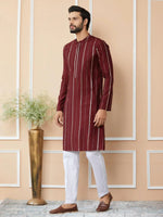 Thumbnail for Fabmade Maroon Sequins Embroidered Pure Chanderi Silk Straight Kurta Pyjama