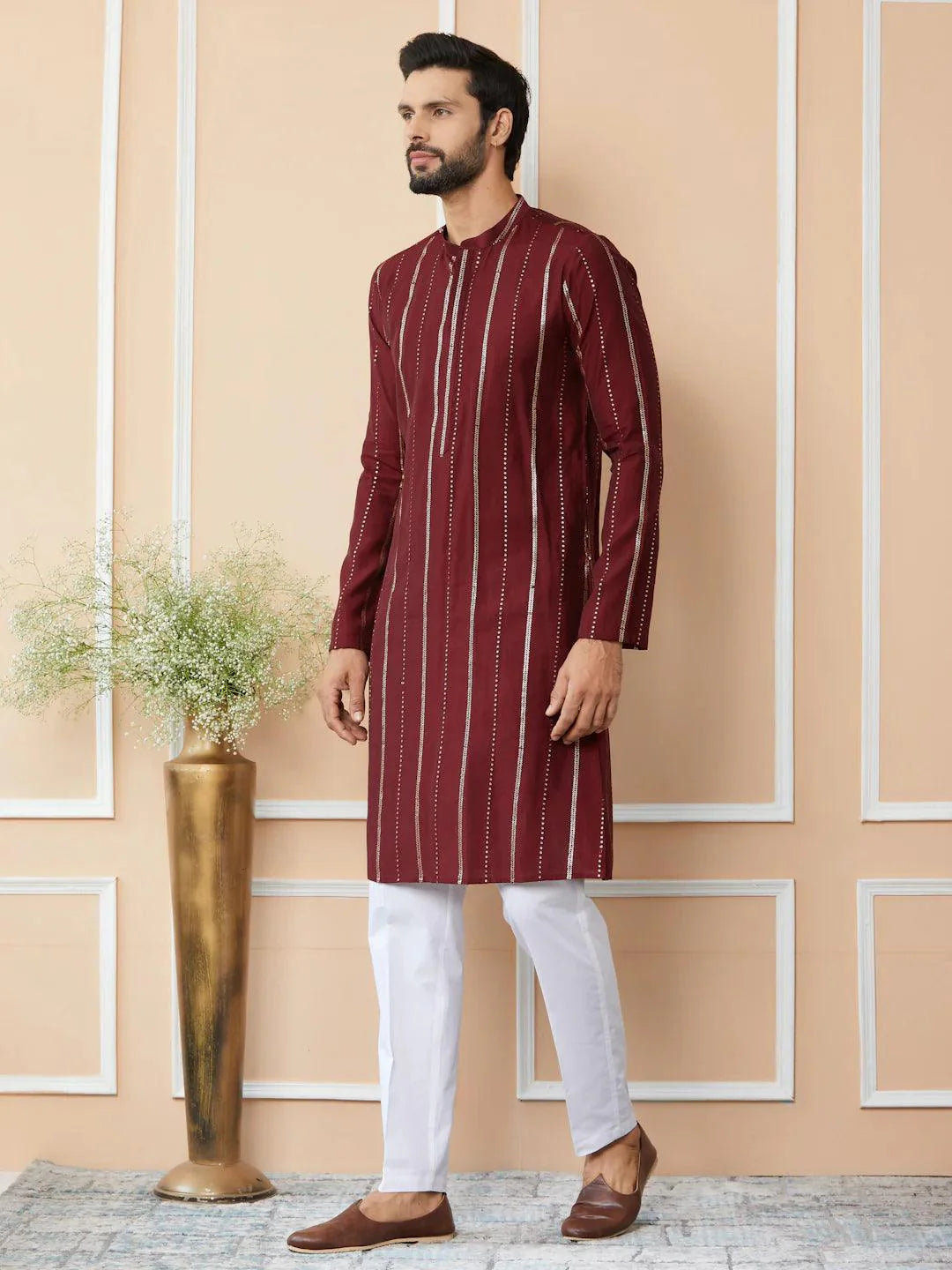 Fabmade Maroon Sequins Embroidered Pure Chanderi Silk Straight Kurta