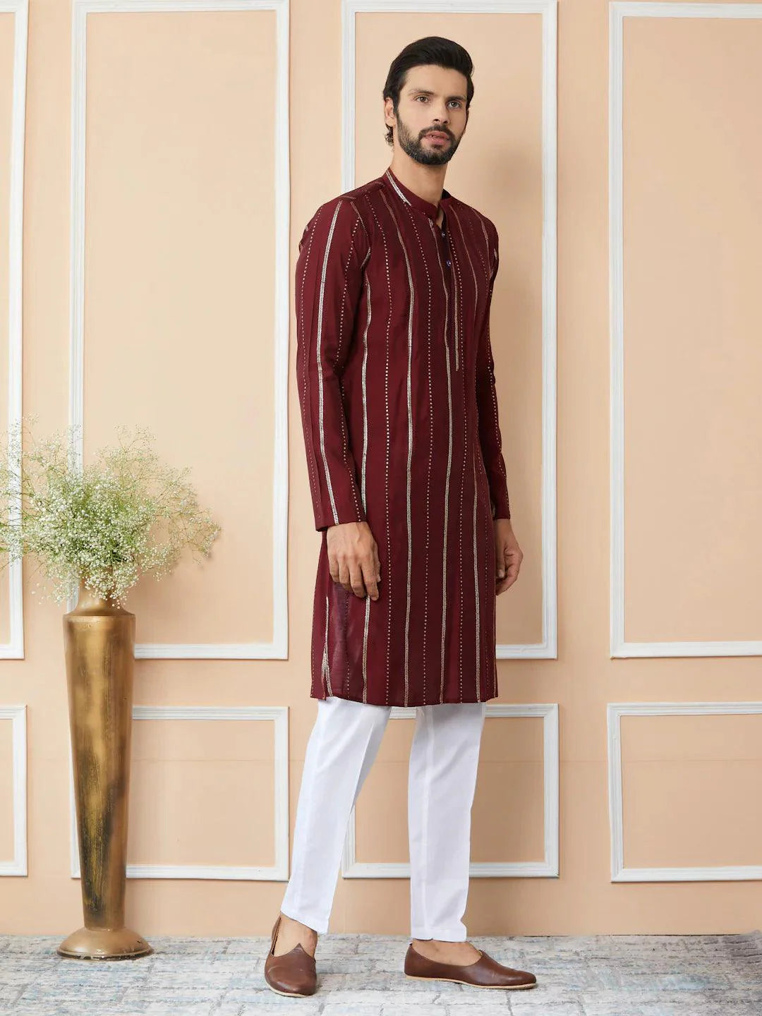 Fabmade Maroon Sequins Embroidered Pure Chanderi Silk Straight Kurta Pyjama