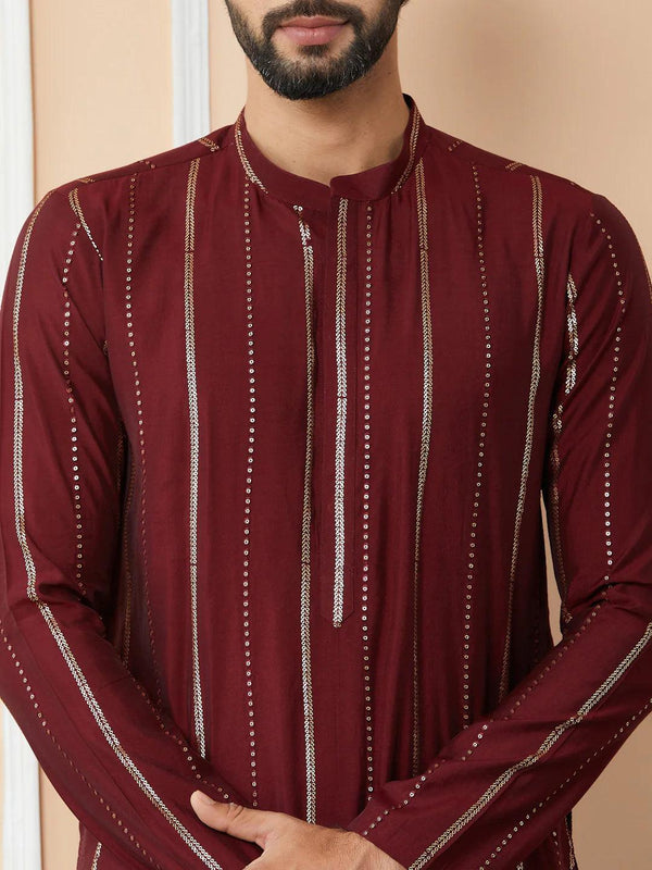 Fabmade Maroon Sequins Embroidered Pure Chanderi Silk Straight Kurta