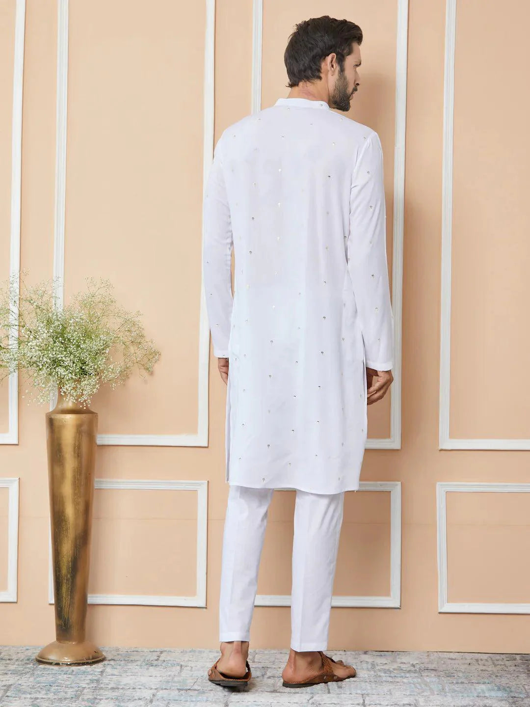 Fabmade White Sequins Embroidered Rayon Straight Kurta Pyjama With Yoke Design - Distacart