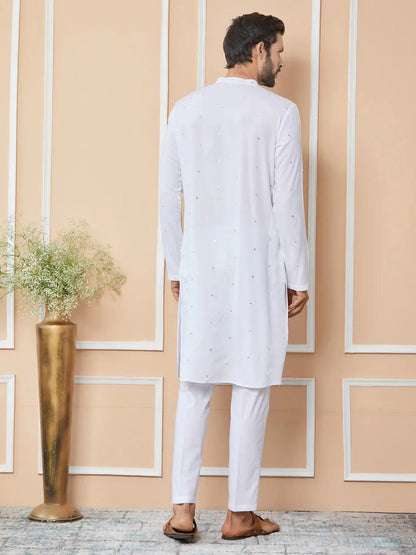 Fabmade White Sequins Embroidered Rayon Straight Kurta Pyjama With Yoke Design - Distacart