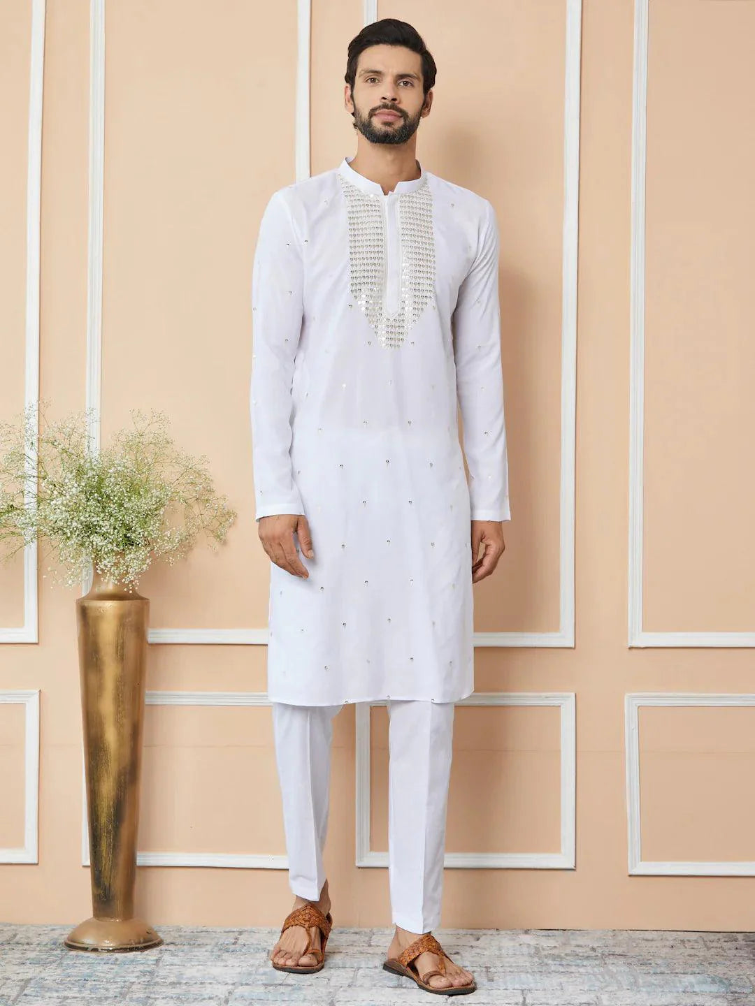 Fabmade White Sequins Embroidered Rayon Straight Kurta Pyjama With Yoke Design