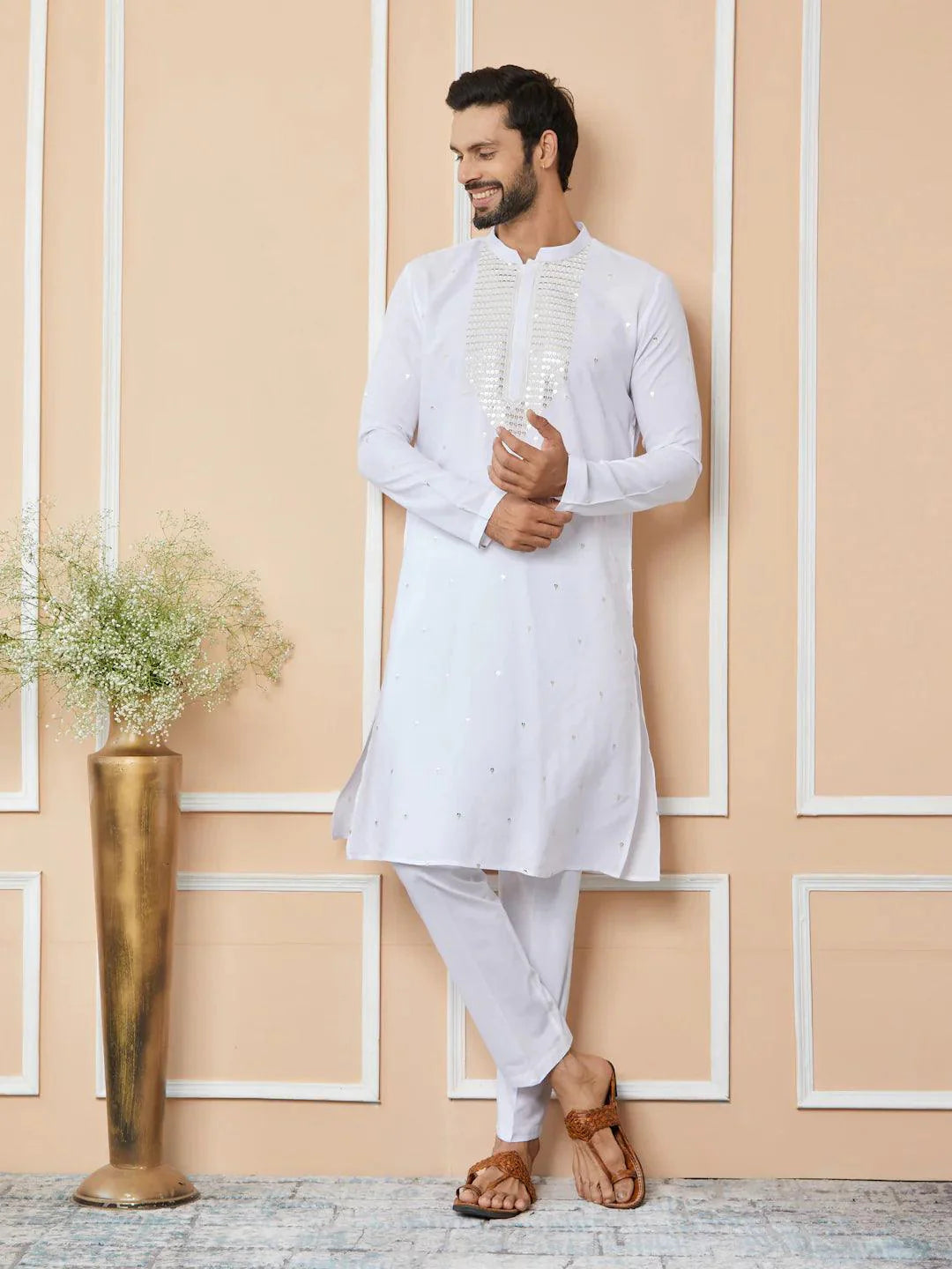 Fabmade White Sequins Embroidered Rayon Straight Kurta Pyjama With Yoke Design - Distacart