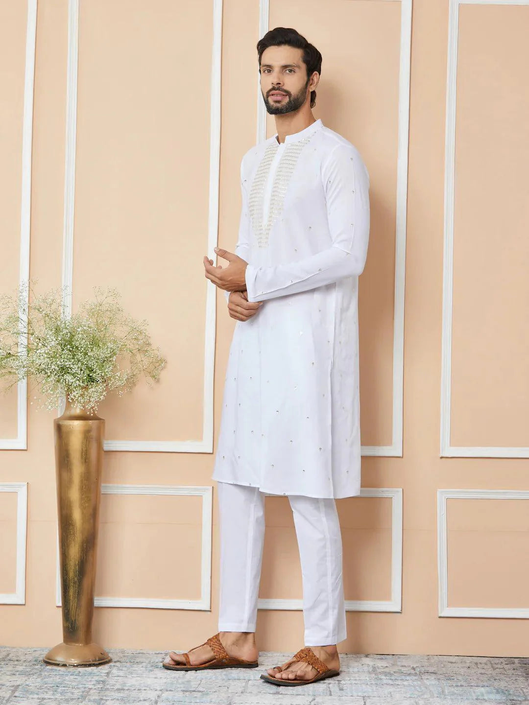 Fabmade White Sequins Embroidered Rayon Straight Kurta Pyjama With Yoke Design - Distacart