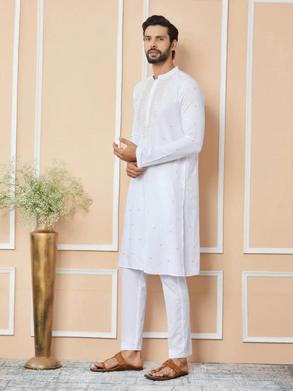 Fabmade White Sequins Embroidered Rayon Straight Kurta Pyjama With Yoke Design - Distacart