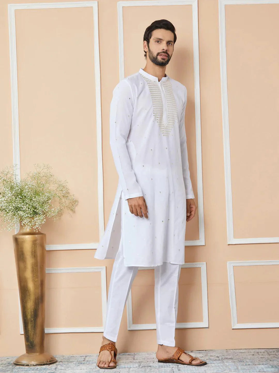 Fabmade White Sequins Embroidered Rayon Straight Kurta Pyjama With Yoke Design
