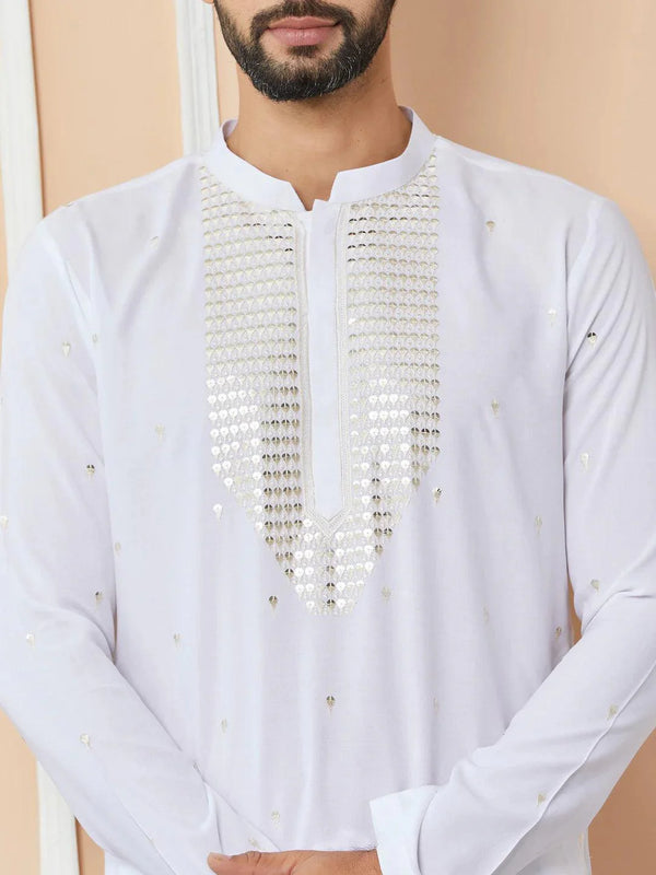 Fabmade White Sequins Embroidered Rayon Straight Kurta Pyjama With Yoke Design