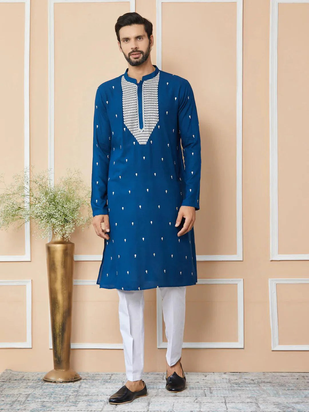 Fabmade Radiate Elegance With Our Royal Blue Sequins Embroidered Kurta Pyjama - Distacart