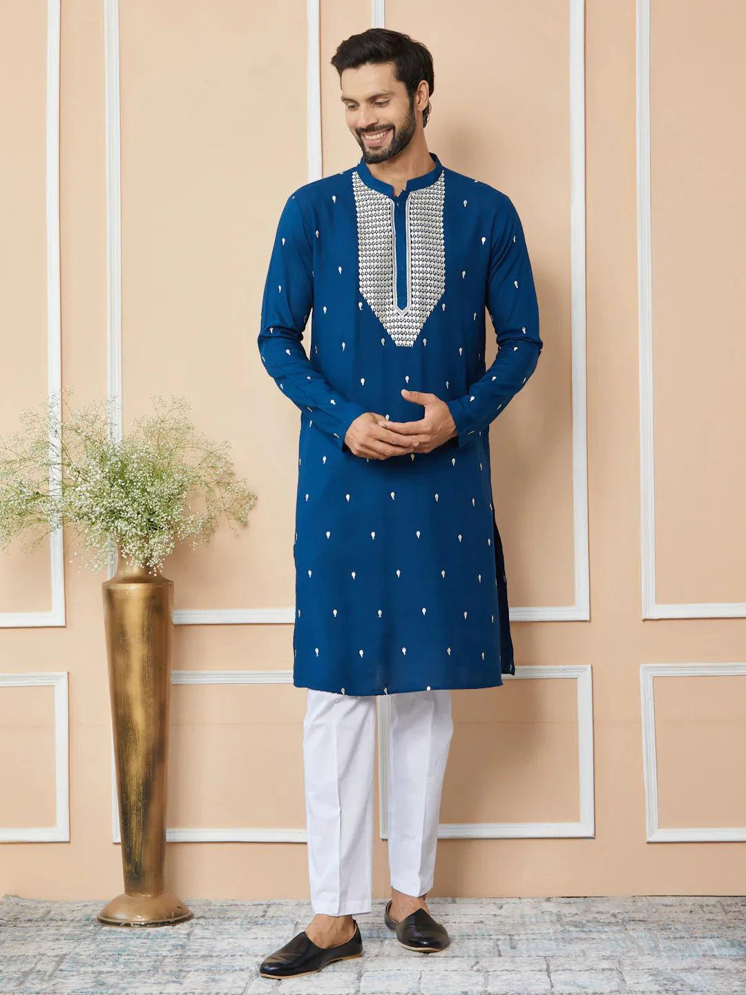 Fabmade Radiate Elegance With Our Royal Blue Sequins Embroidered Kurta Pyjama - Distacart