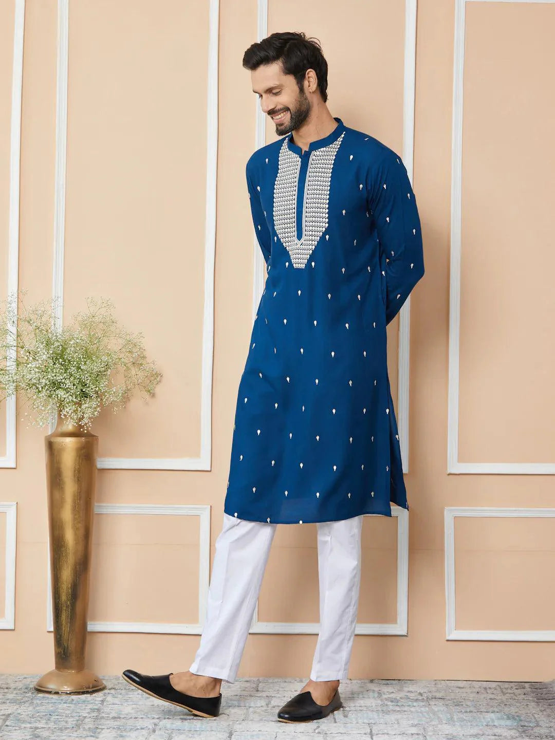 Fabmade Radiate Elegance With Our Royal Blue Sequins Embroidered Kurta Pyjama - Distacart