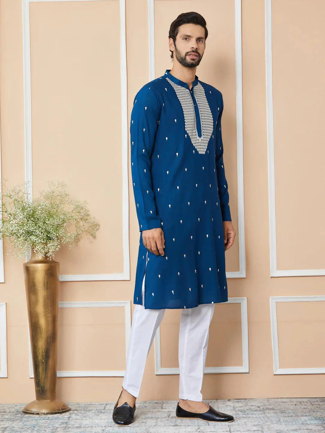 Fabmade Radiate Elegance With Our Royal Blue Sequins Embroidered Kurta Pyjama - Distacart