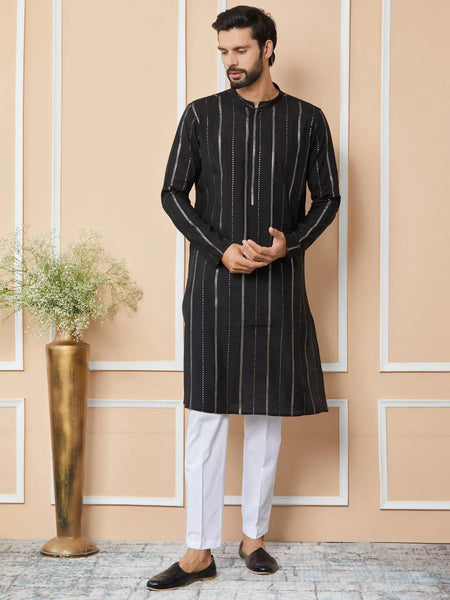 Fabmade Mandarin Collar Long Sleeves Sequined Straight Kurta Pyjama
