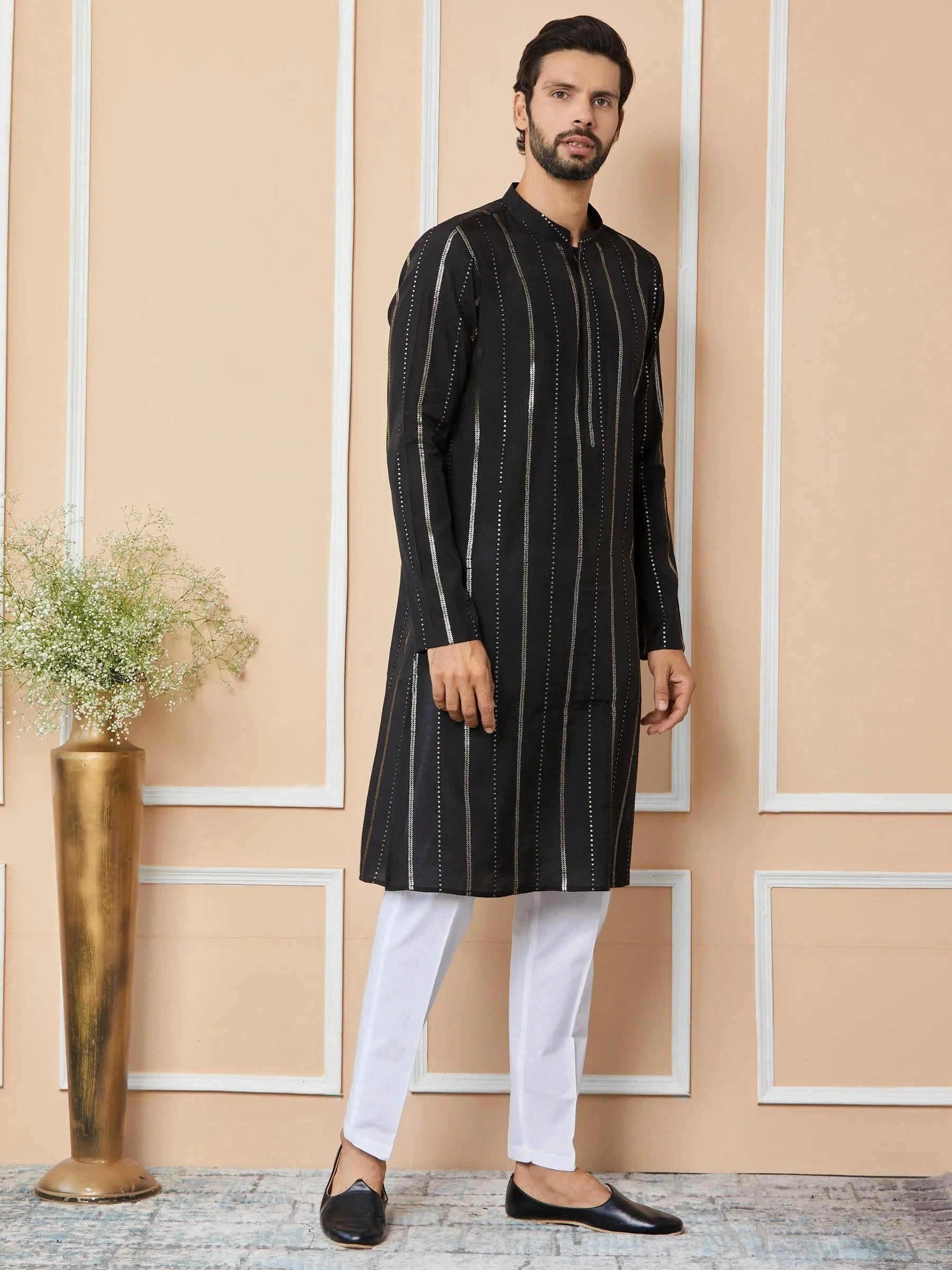 Fabmade Mandarin Collar Long Sleeves Sequined Straight Kurta Pyjama