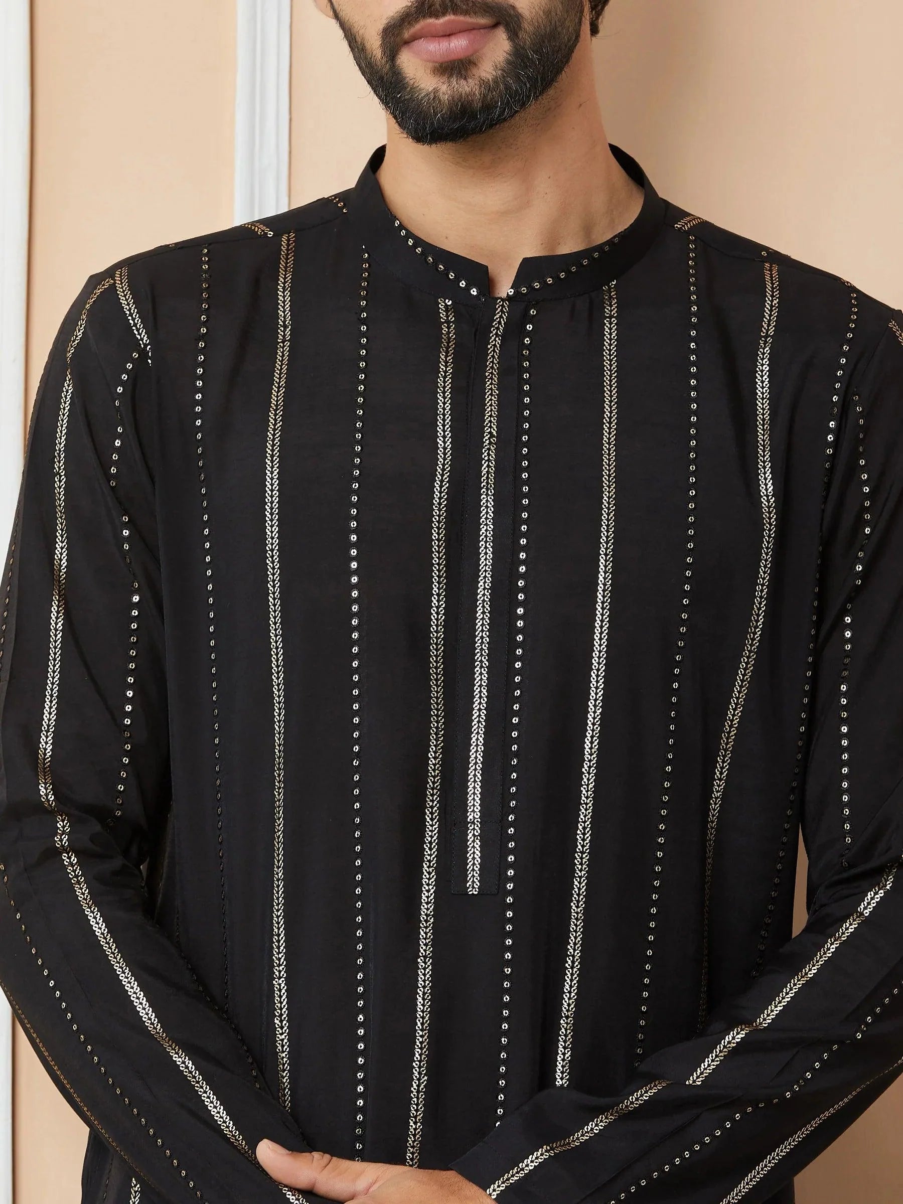 Fabmade Mandarin Collar Long Sleeves Sequined Straight Kurta Pyjama - Distacart