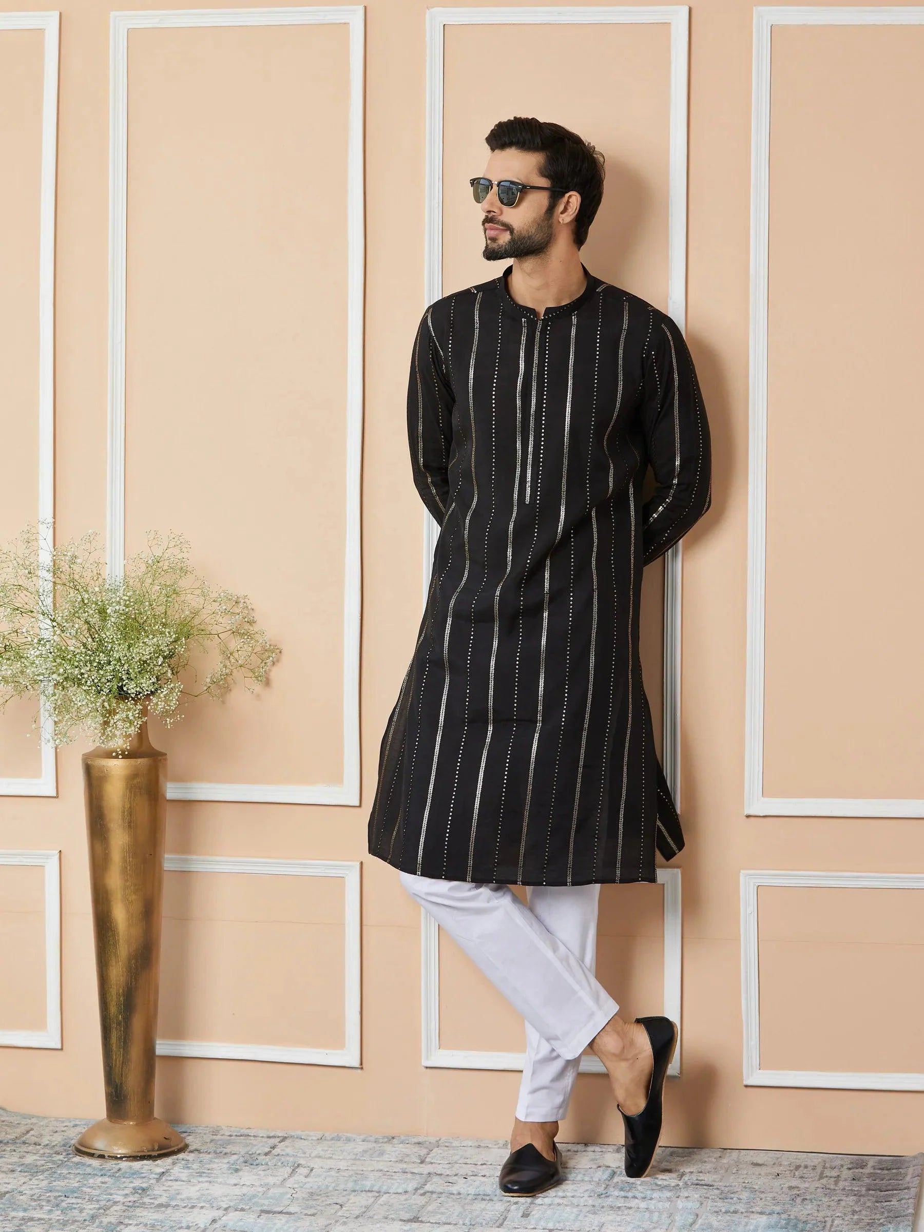 Fabmade Mandarin Collar Long Sleeves Sequined Straight Kurta Pyjama