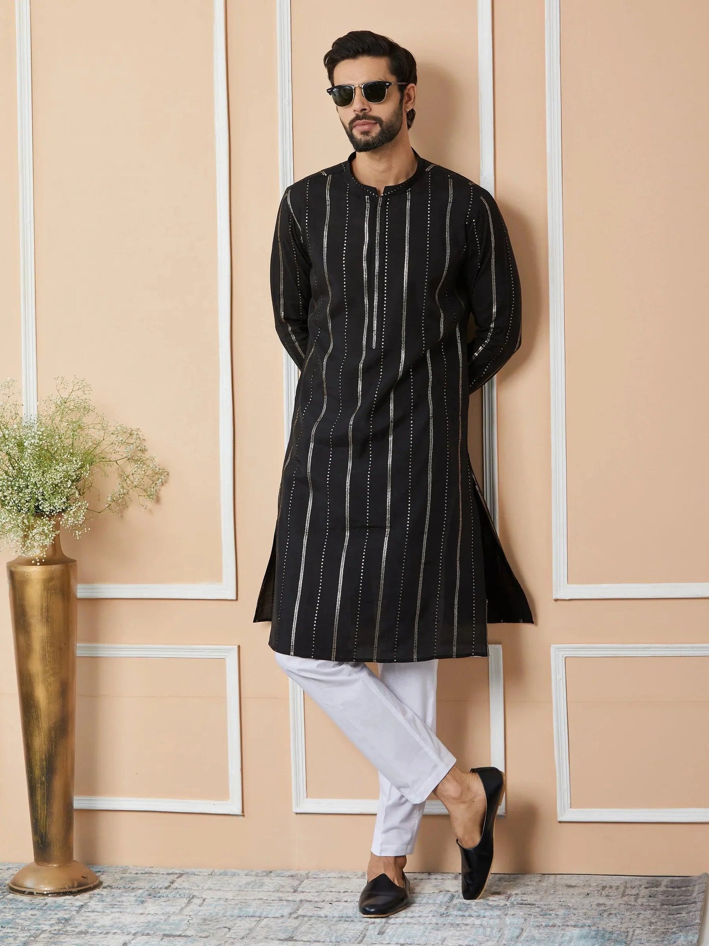 Fabmade Mandarin Collar Long Sleeves Sequined Straight Kurta Pyjama - Distacart