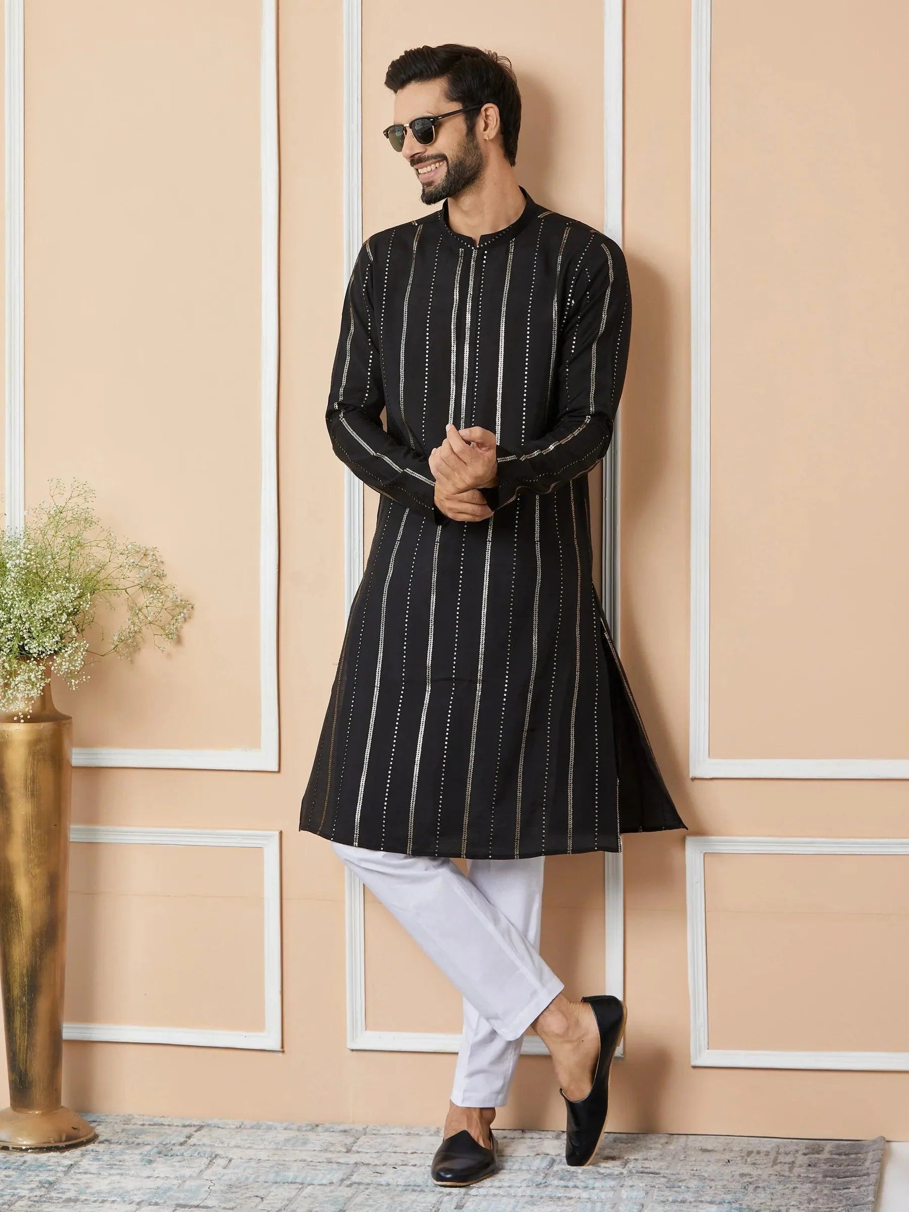 Fabmade Mandarin Collar Long Sleeves Sequined Straight Kurta Pyjama
