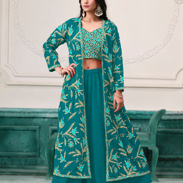 Anaita Turquoise Faux Georgette Sequins Embroidered Stitched Ethnic Suit - Distacart