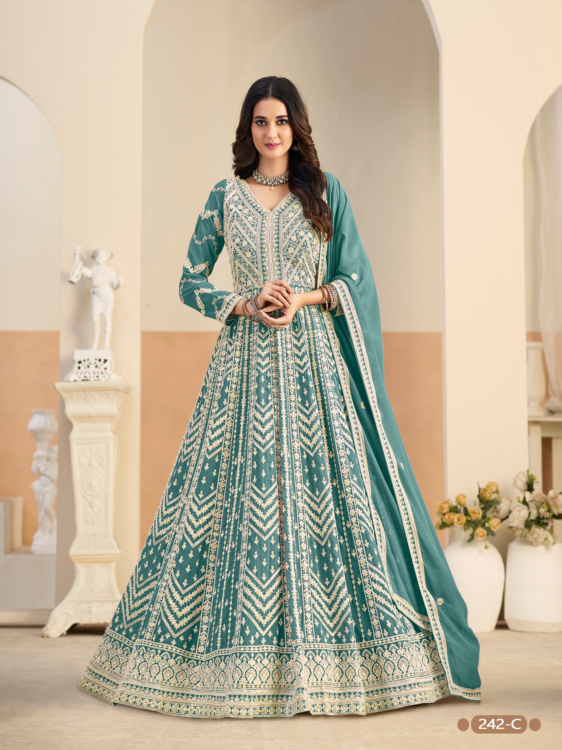 Anaita Light Blue Heavy Embroidered Faux Georgette Anarkali Suit With Salwar - Distacart
