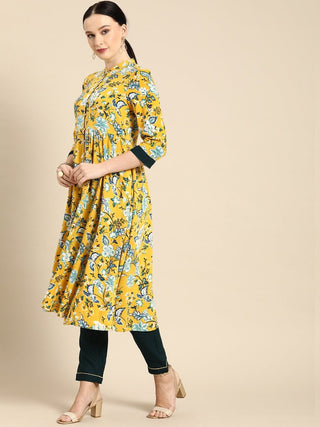 All About You Women Yellow Floral Print Regular Kurta with Trousers - Distacart