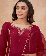 Thumbnail for Sangria Maroon Floral Embroidered Straight Kurta With Trousers & Dupatta