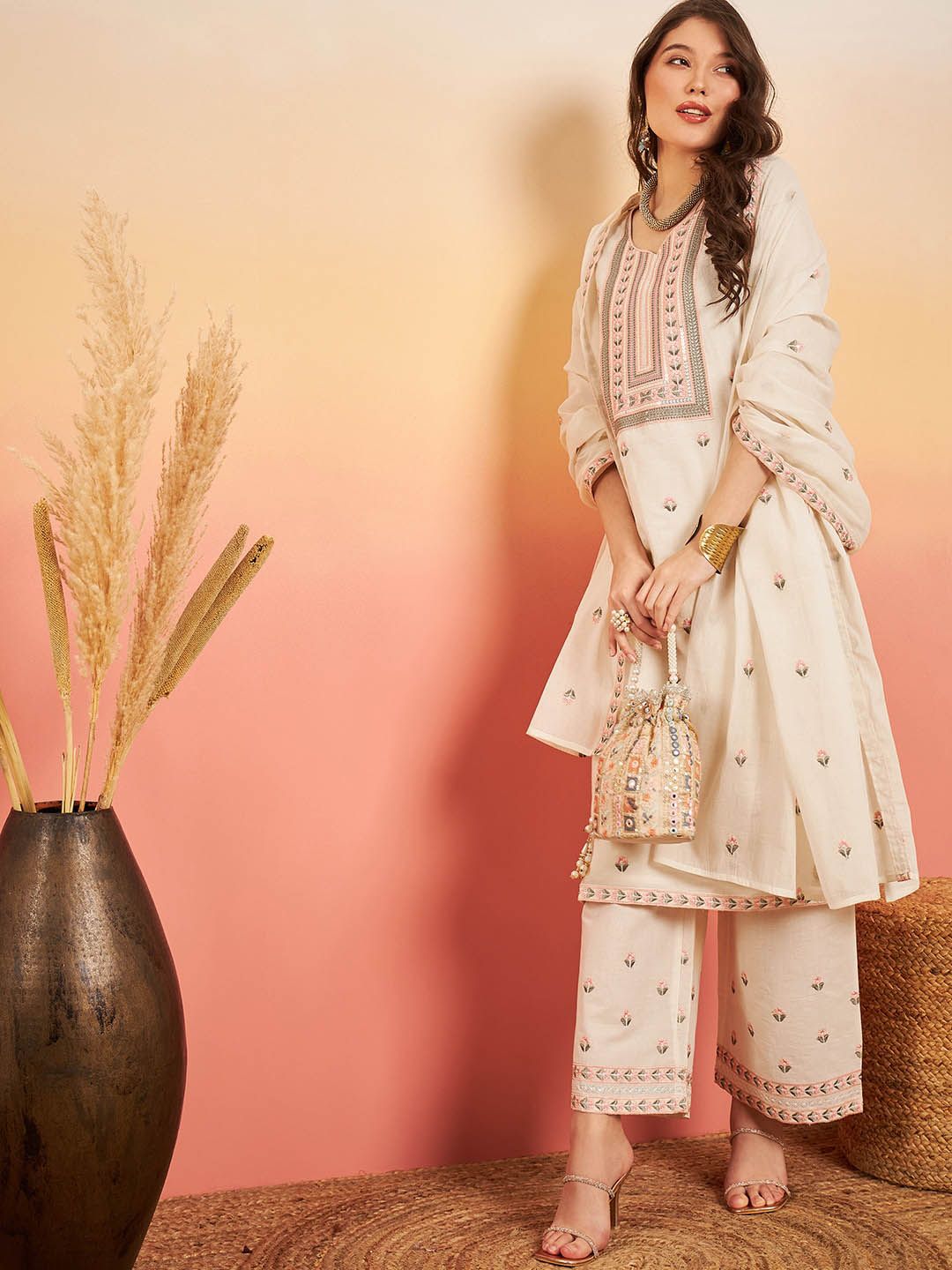 Sangria Embroidered Pure Cotton Regular Kurta & Trousers With Dupatta