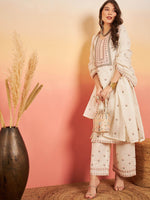 Thumbnail for Sangria Embroidered Pure Cotton Regular Kurta & Trousers With Dupatta