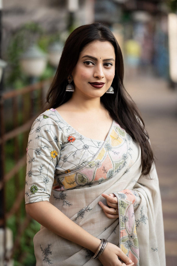 Grey Pure Linen Ethnic Motifs Saree with Unstitched Blouse - Hiral Fashion - Distacart