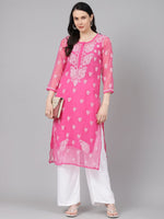 Thumbnail for ADA Women Pink & White Sheer Chikankari Embroidered Straight Handloom Kurta with Inner - Distacart