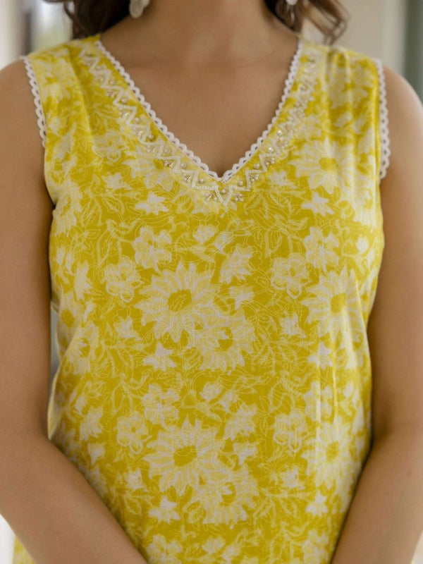 Anouk Floral Printed Regular Aari Work Pure Cotton Straight Kurta With Trousers & Dupatta