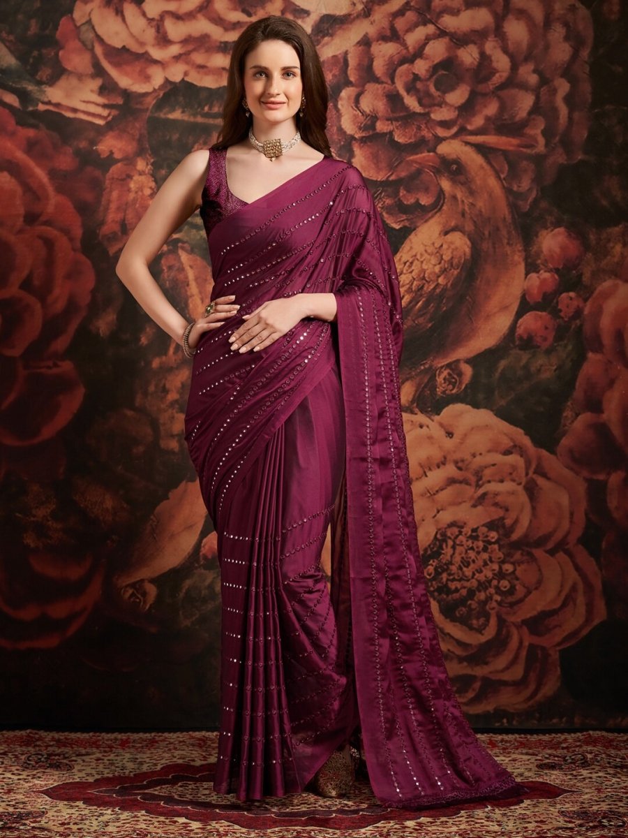 Anouk Magenta Embellished Mirror Work Pure Georgette Saree - Distacart