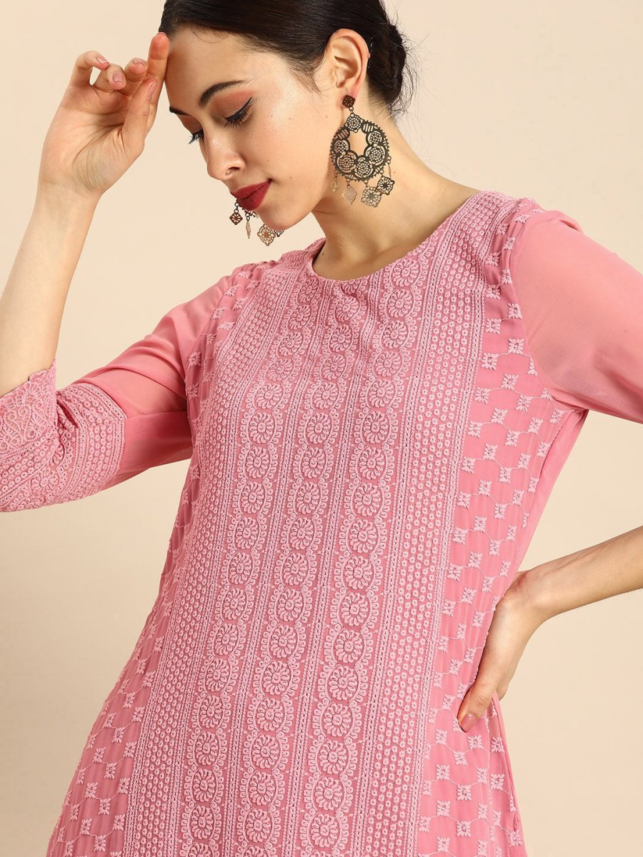 Anouk Women Pink Chikankari Embroidered Kurta with Palazzos - Distacart