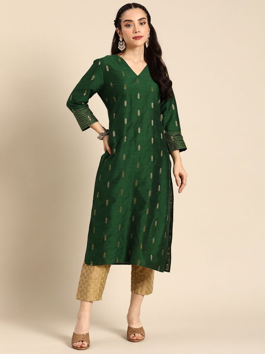 Anouk Women Green & Gold-Toned Ethnic Motifs Dobby Kurta