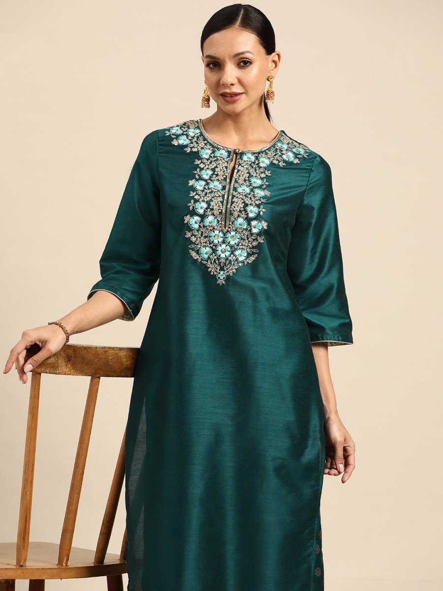 All About You Ethnic Motifs Embroidered Yoke Design Regular Sequinned Kurta with Palazzos - Distacart