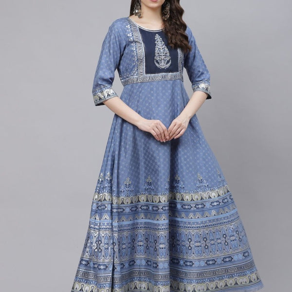 AURELIA Blue & Beige Ethnic Motifs A-Line Maxi Dress - Distacart