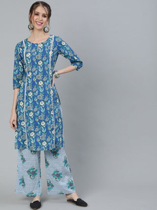 Aks Floral Printed Keyhole Neck Pure Cotton Kurta With Palazzos - Distacart