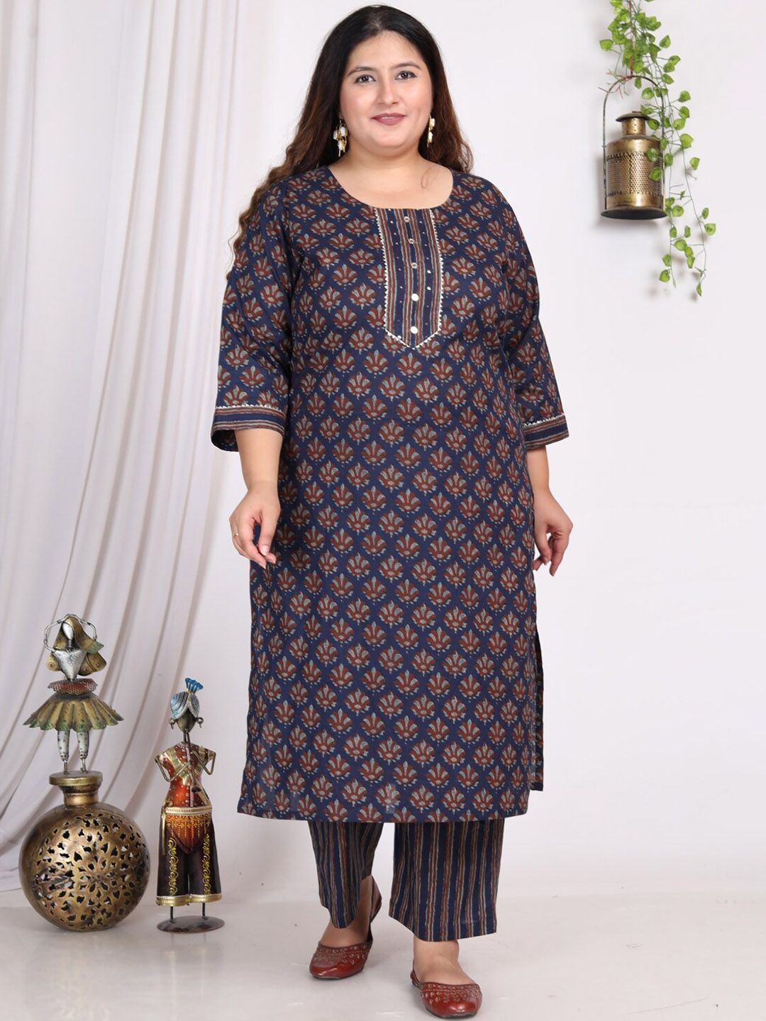 Swasti Plus Size Ethnic Motif Printed Gotta Patti Cotton Kurta With Trousers & Dupatta - Distacart