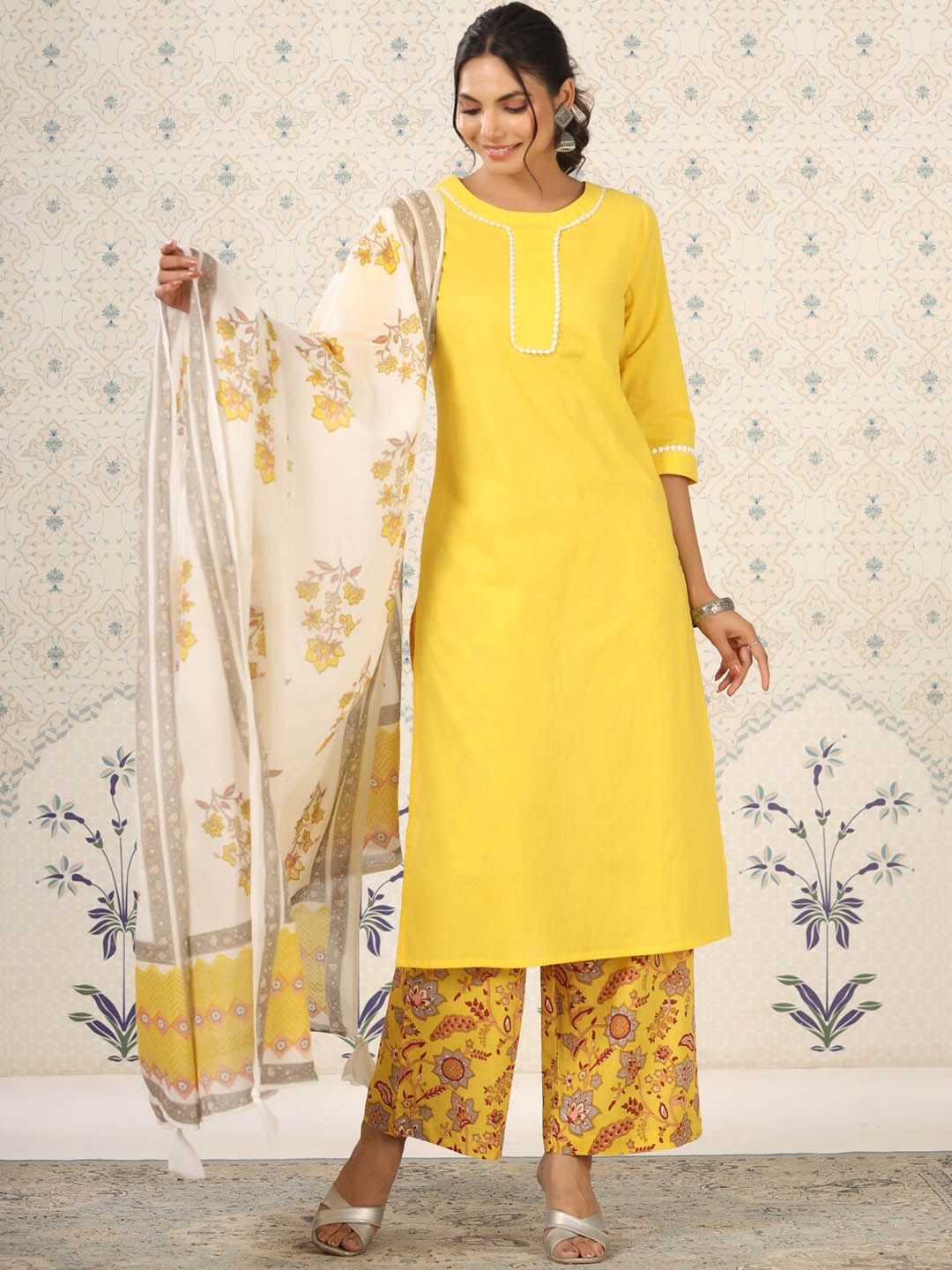 Ode by House of Pataudi Round Neck Floral Regular Thread Work Pure Cotton Kurta Set - Distacart