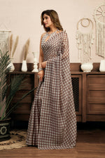 Thumbnail for Joban Fashion Beige Checked Linen Ready To Wear Saree With Unstitched Blouse - Distacart