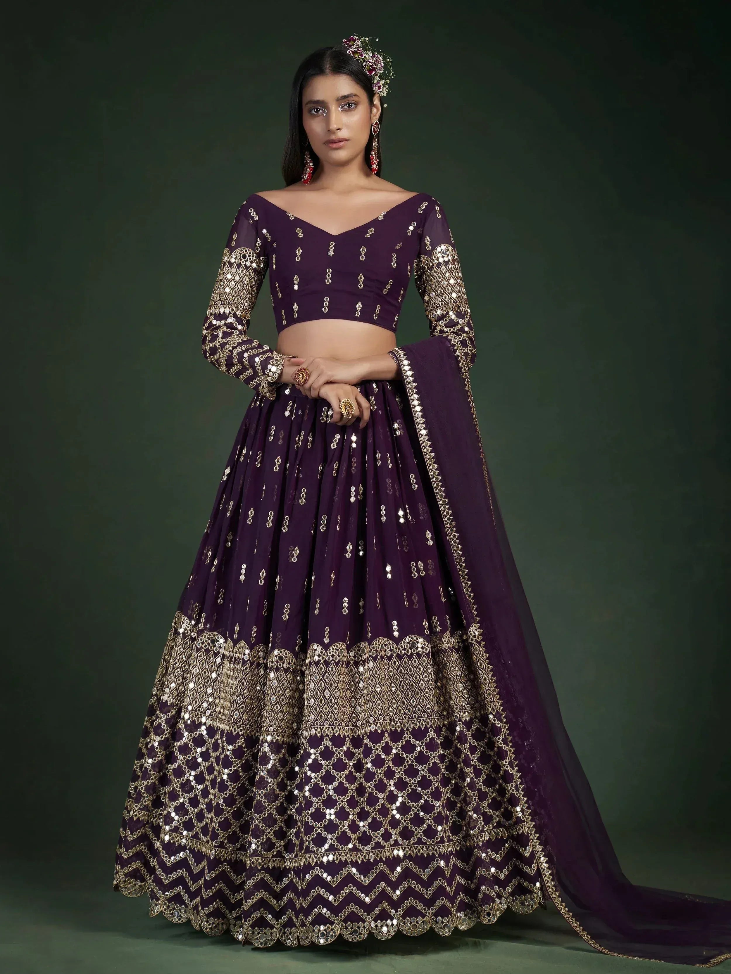 Tulsi Art Alluring Dark Purple Zari Work Georgette Wedding Wear Lehenga Choli - Dista