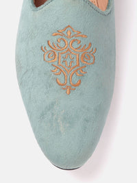 Thumbnail for House of Pataudi Men Mint Green & Beige Embroidered Handcrafted Slip-Ons