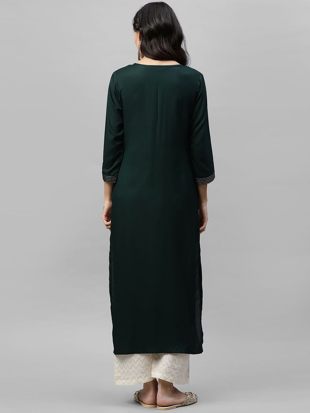 Indo Era Women Green Embroidered Straight Kurta