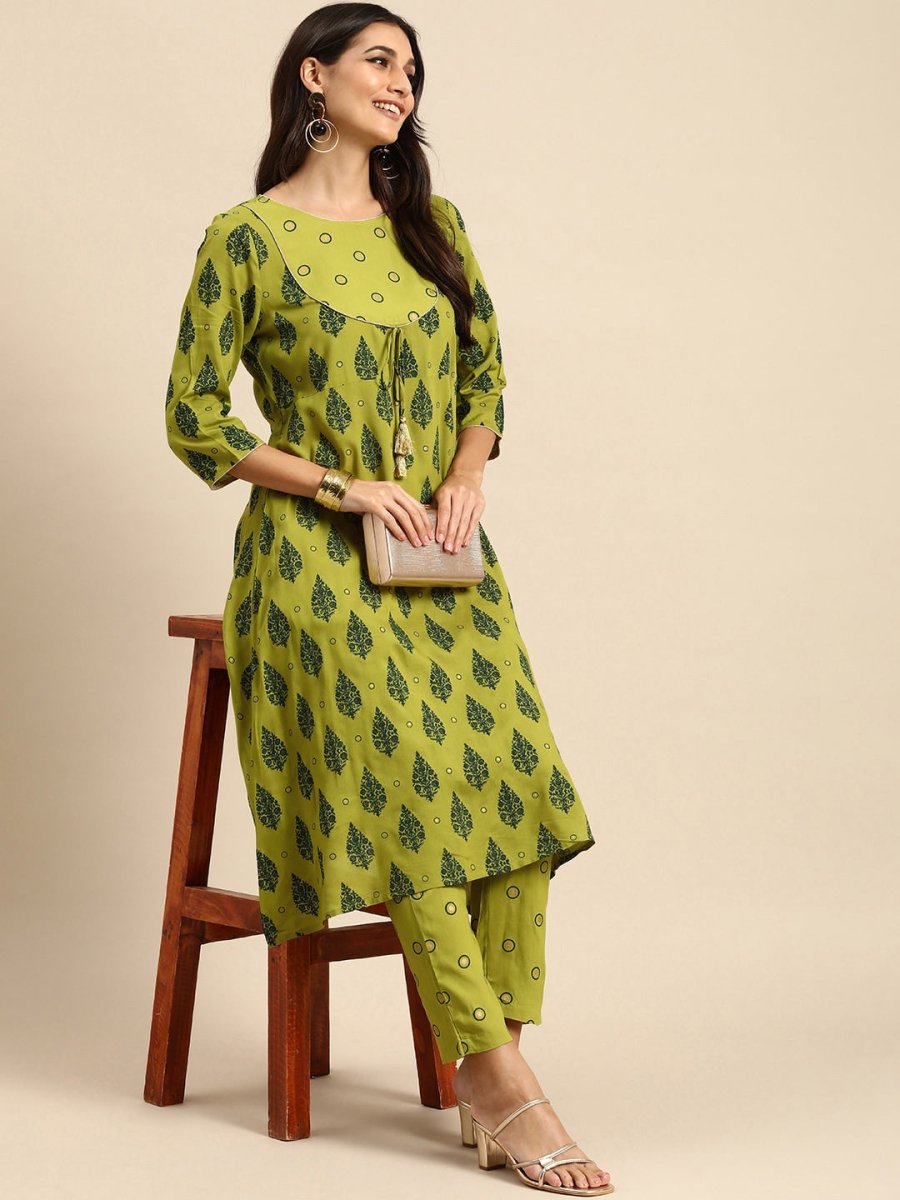 All About You Women Olive Green Ethnic Motifs Printed Empire Kurta with Trousers - Distacart