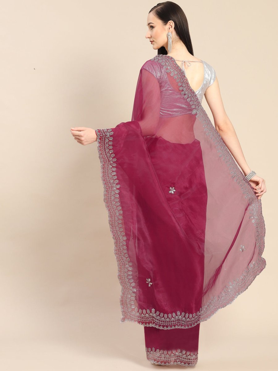 Anouk Pink & Silver-Coloured Sequinned Organza Saree - Distacart