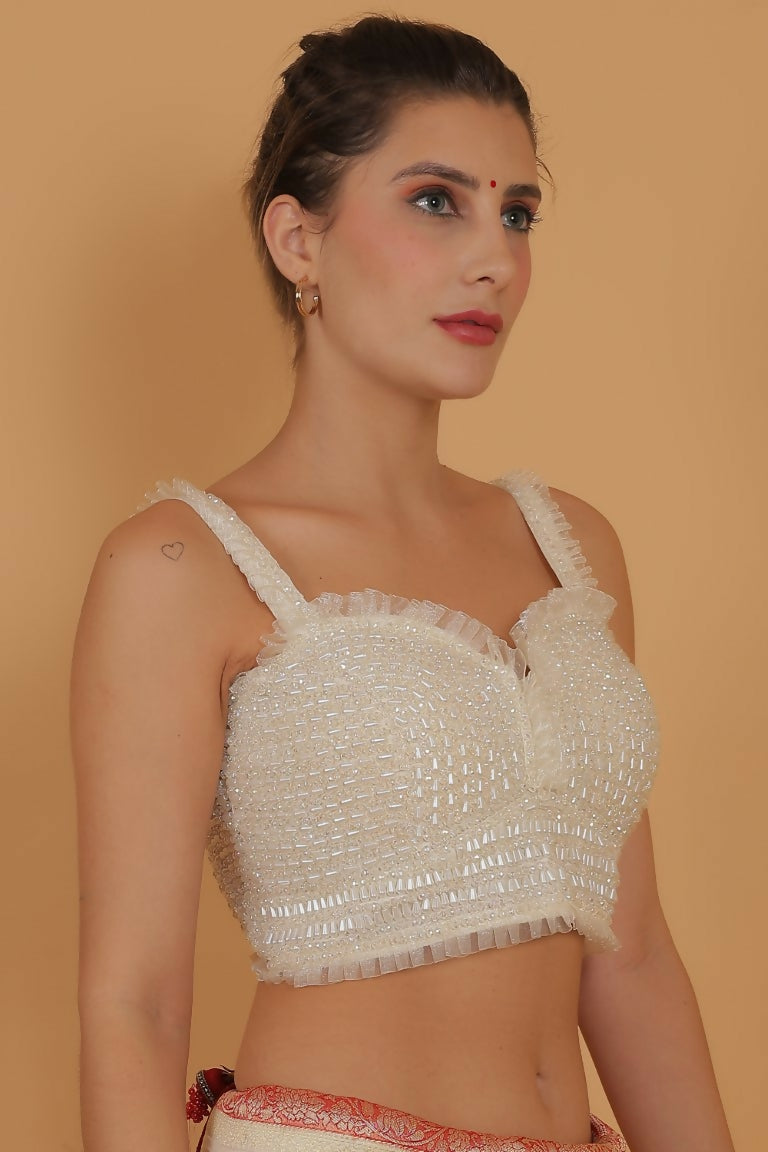 Joban Fashion Silk Pearl And Beads Hand Embroidery Padded Blouse - Pearl White