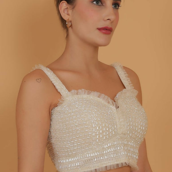 Joban Fashion Silk Pearl And Beads Hand Embroidery Padded Blouse - Pearl White