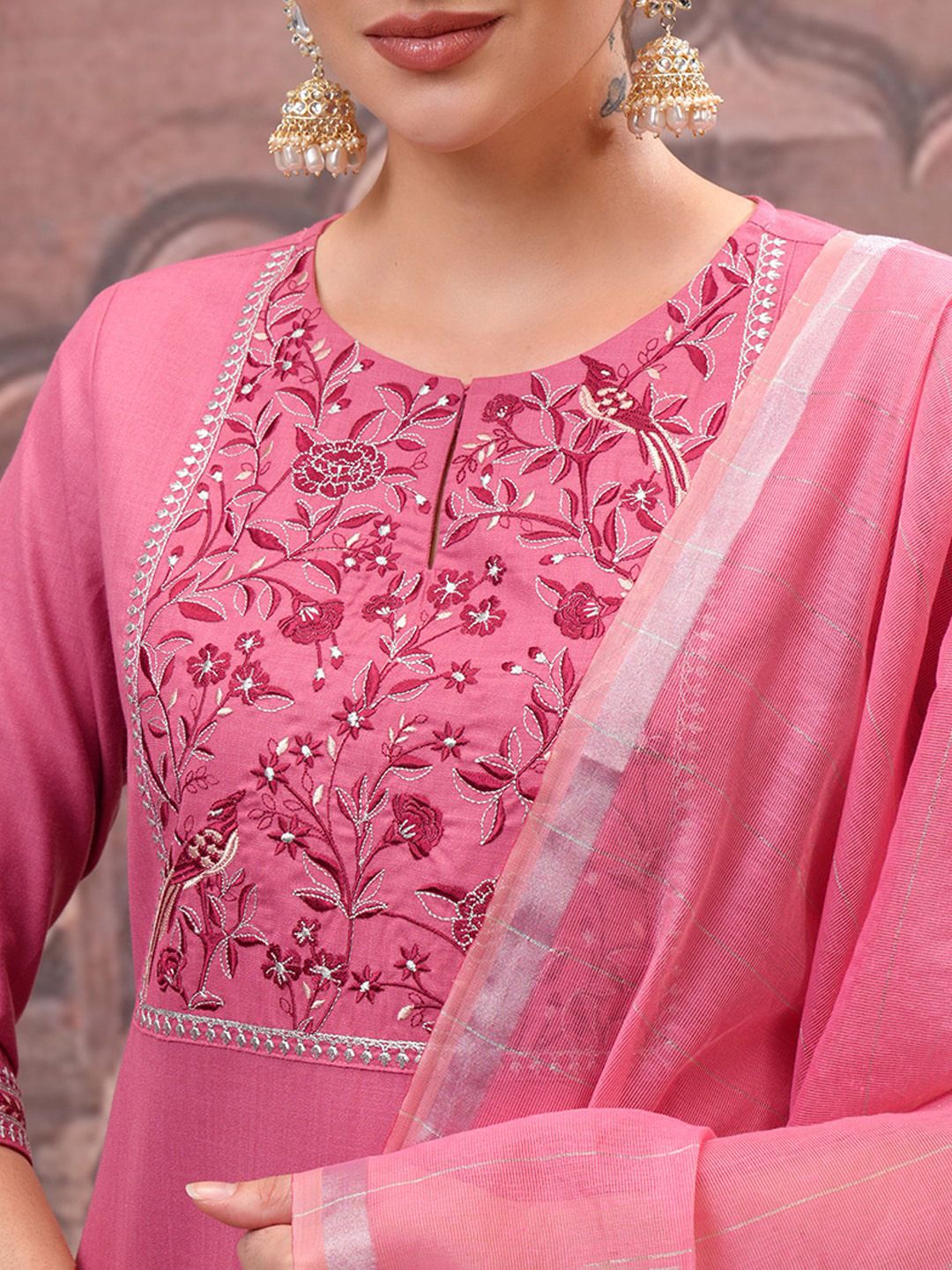 Vishudh Rose Embroidered Straight Kurta with Trouser & Dupatta - Distacart